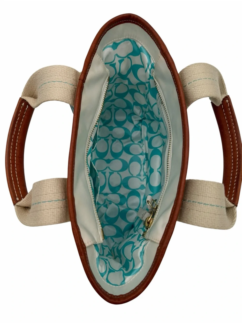 Vintage Coach Hampton White & Aqua Nylon Mini Tote Bag Leather Trim - Picture 8 of 12